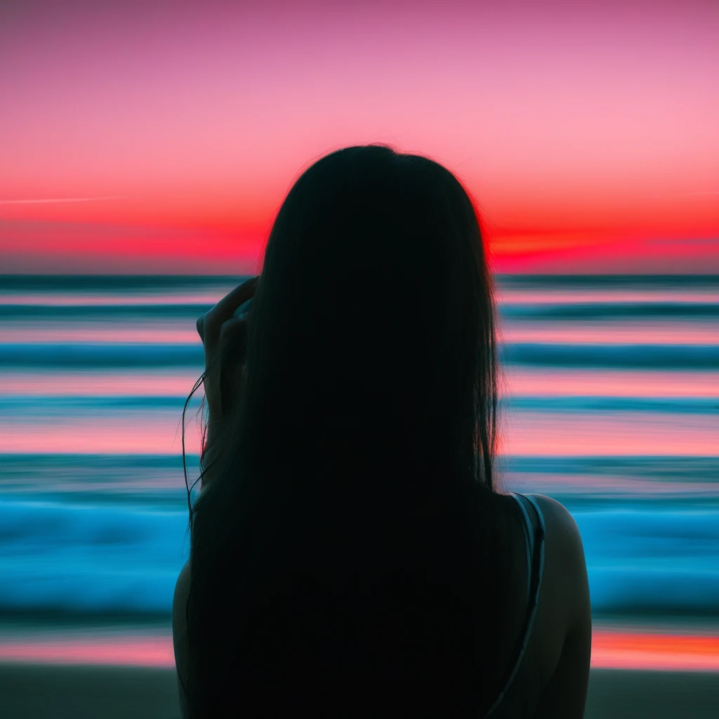 woman, beach, chromatic fog sunset