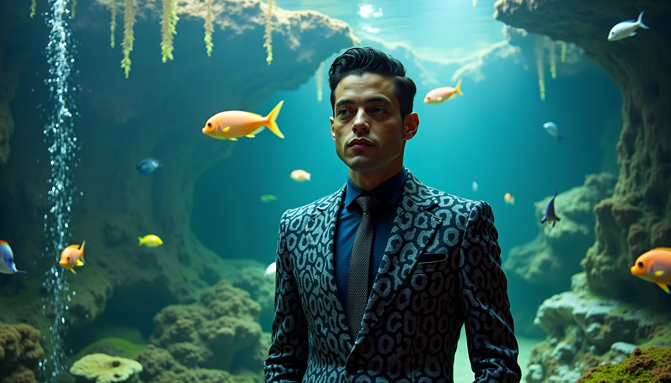 Rami Malek dressed up near his Piranja aquarium