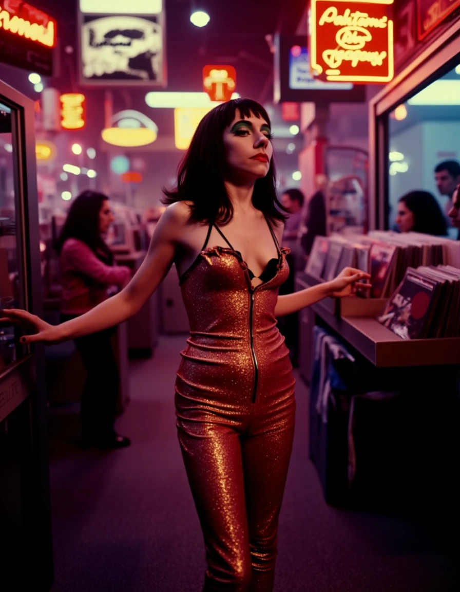 cinematic, cinematic lighting,.ultra realistic, ultra defined textures and colors, shot in the style of Sony Alpha A7 III, a candid of a woman, <lora:pjharvey:1> pharvey, pjhy, pjharv,  looking at the viewer,  a beautiful woman with neon lights casting a glow on a 70s jumpsuit and platform shoes. The vibrant store is filled with vinyl records, and her big, voluminous curls, along with bold eyeliner and vibrant lips, give energy to the scene as she flips through the records. Use a 35mm lens to capture the nostalgic and energetic mood, focusing on bold primary colors like reds, blues, and yellows, with distinctive features such as neon signs and retro decor., detailed skin texture, (blush:0.5), (goosebumps:0.5), subsurface scattering, Photorealistic, Hyperrealistic, Hyperdetailed, analog style, soft lighting, subsurface scattering, realistic, heavy shadow, masterpiece, best quality, ultra realistic, 8k, golden ratio, Intricate, High Detail, film photography, soft focus