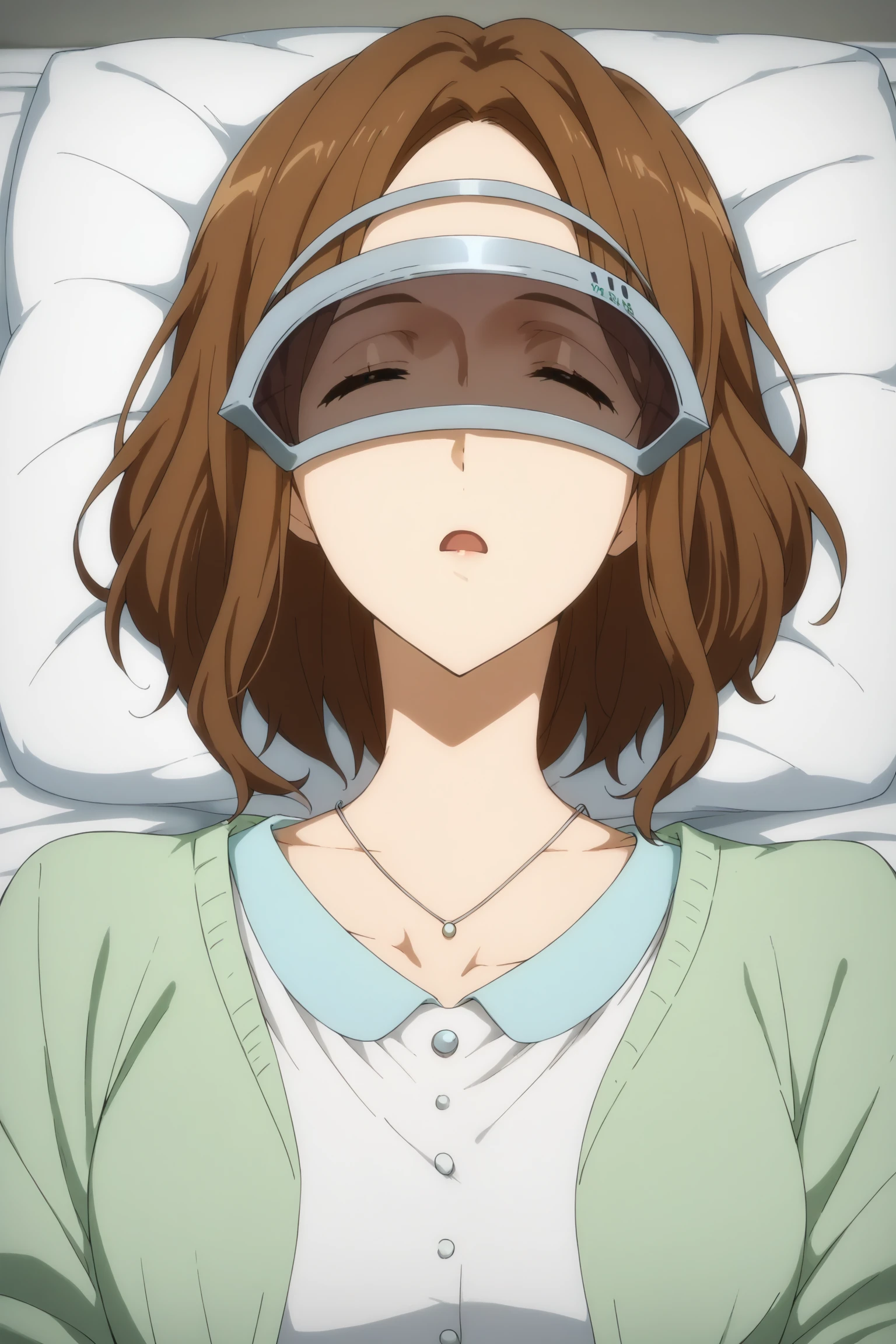 score_9, score_8_up, score_7_up, score_6_up, score_5_up, source_anime, rating_safe, medium breasts, indoors, 1girl, <lora:age_slider_v4:2>, sleeping, bed, lying, pov, (open mouth:0.6), (head-mounted display:1.2), <lora:AmuSphere:0.8>, amakata miho, medium hair, brown hair, brown eyes, necklace, white shirt, buttons, blue collar, green cardigan, open cardigan, blue pants, white footwear, <lora:Miho_Amakata:0.8>