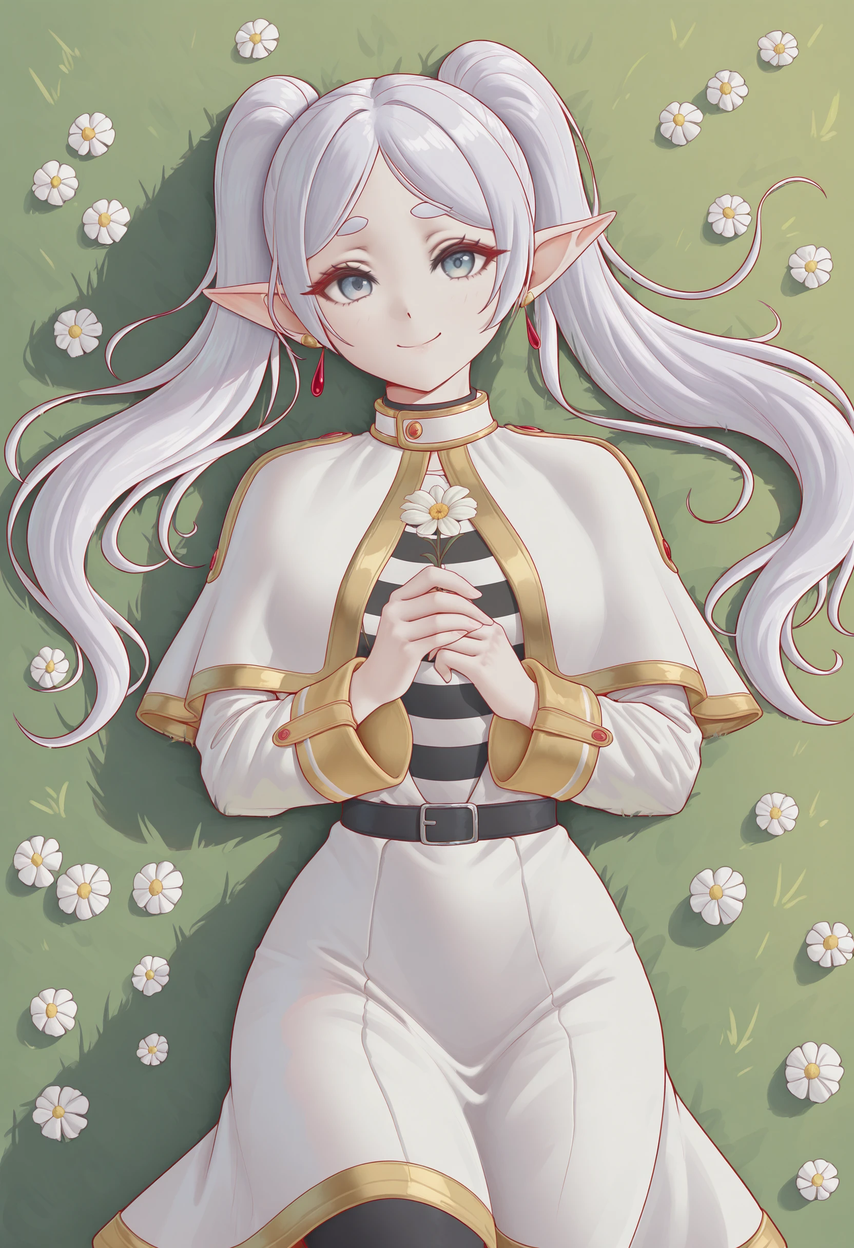 perfect quality, best quality, masterpiece, absolutely eye-catching, mlhilxl, 1girl, dramatic lighting, BREAK (cute smile:1.2), standing, dynamic pose, on back, looking at viewer, portrait, frieren, pointy ears, silver hair, twintails, grasslands, (holding flower:1.1),