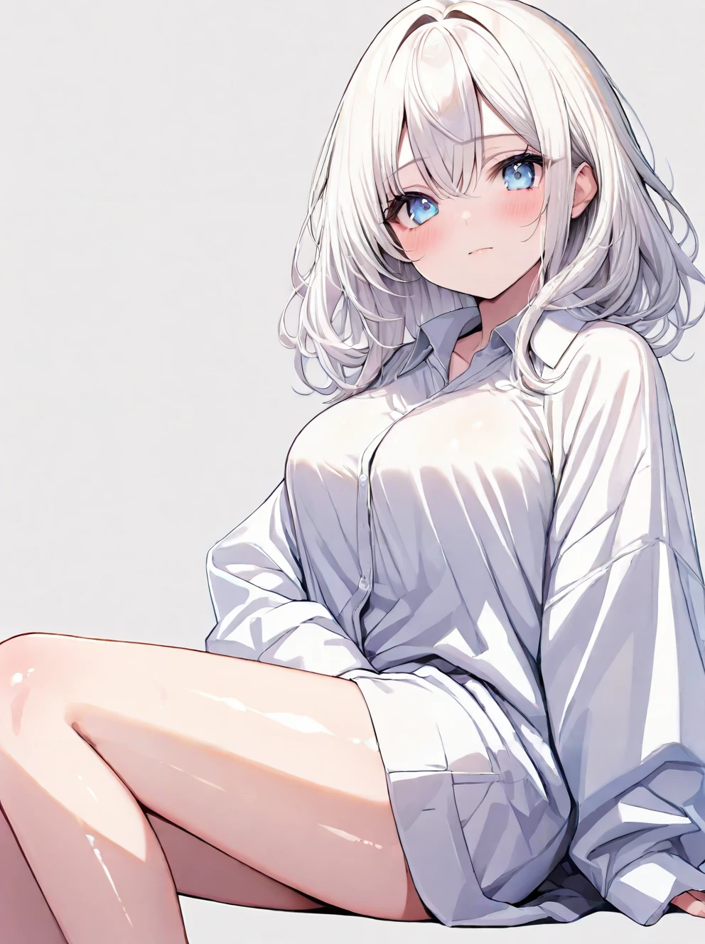 masterpiece,ultra-detailed,best quality,8K,illustration,cute face,clean skin ,shiny hair,petite girl,large breasts,ultra-detailed-eyes,simple background,white hair, blue eyes, <lora:karesyatsu_illustrious_V1.0:1> karesyatsu, sleeves past wrists, collared shirt,sitting