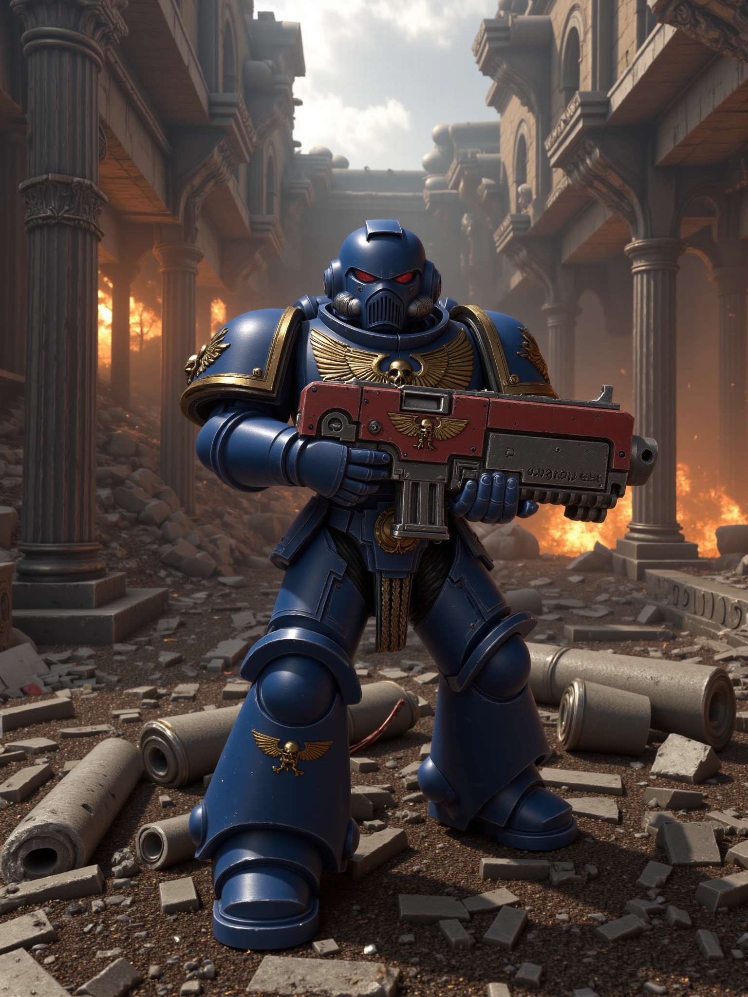 space marine in a blue armor is holding an mad-gdwn-bltr gun as she stands ontop of a pile of rubble in ther burning ruins of a city, the gun is painted rusty red with brushed metal and leather,  <lora:Warhammer_40k_space_marine:1> <lora:Bolter_Godwyn_FLUX:1> mad-gdwn-bltr