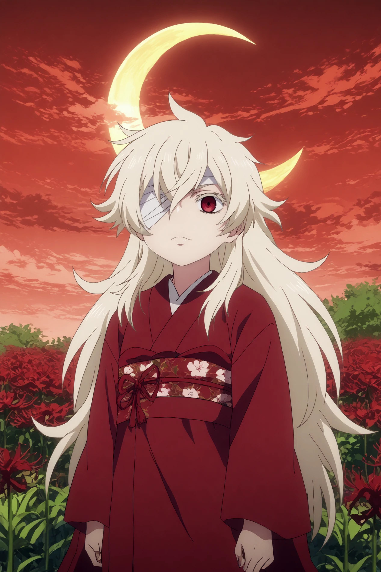  haine,1girl,solo,japanese clothes,kimono,sash,long hair,very long hair,looking at viewer,hair between eyes,red kimono,emotionless,bandages,eyepatch,arms_behind_back,   BREAK outdoors,red sky,crescent_moon,spider lily flower field, red flower wreath,moon    <lora:Haine_-_Summer_Time_Rendering.safetensors:0.8> <lora:detailed_backgrounds_v2.safetensors:0.5> <lora:Spiderlily.safetensors:0.8>