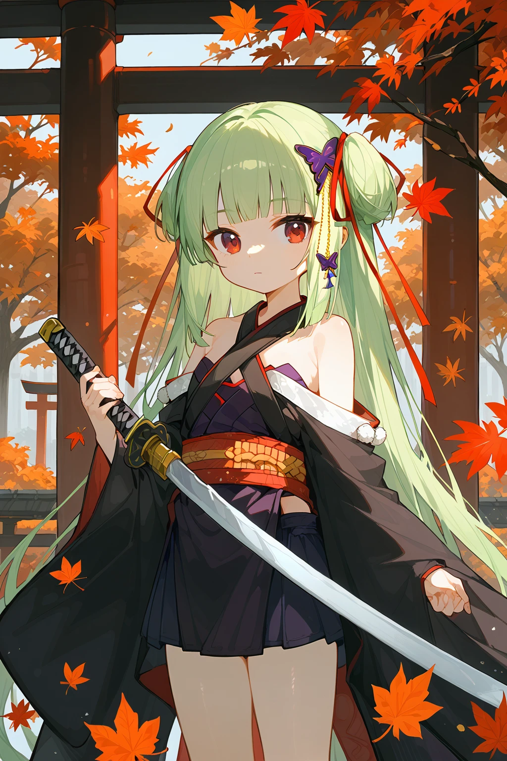 (score_9,score_8_up,score_7_up),<lora:congyu(Senren Banka)-v1:1>,congyu(Senren*Banka),1girl,weapon,sword,green hair,solo,long hair,red eyes,hair ornament,katana,japanese clothes,holding,holding weapon,bangs,holding sword,looking at viewer,kimono,blunt bangs,leaf,very long hair,ribbon,outdoors,butterfly hair ornament,bare shoulders,sash,wide sleeves,autumn leaves,closed mouth,sheath,red ribbon,torii,black kimono,tree,hair ribbon,long sleeves,shimenawa,
good feet,anime,NSFW,expressive,amazing quality,ultra hd 32k,