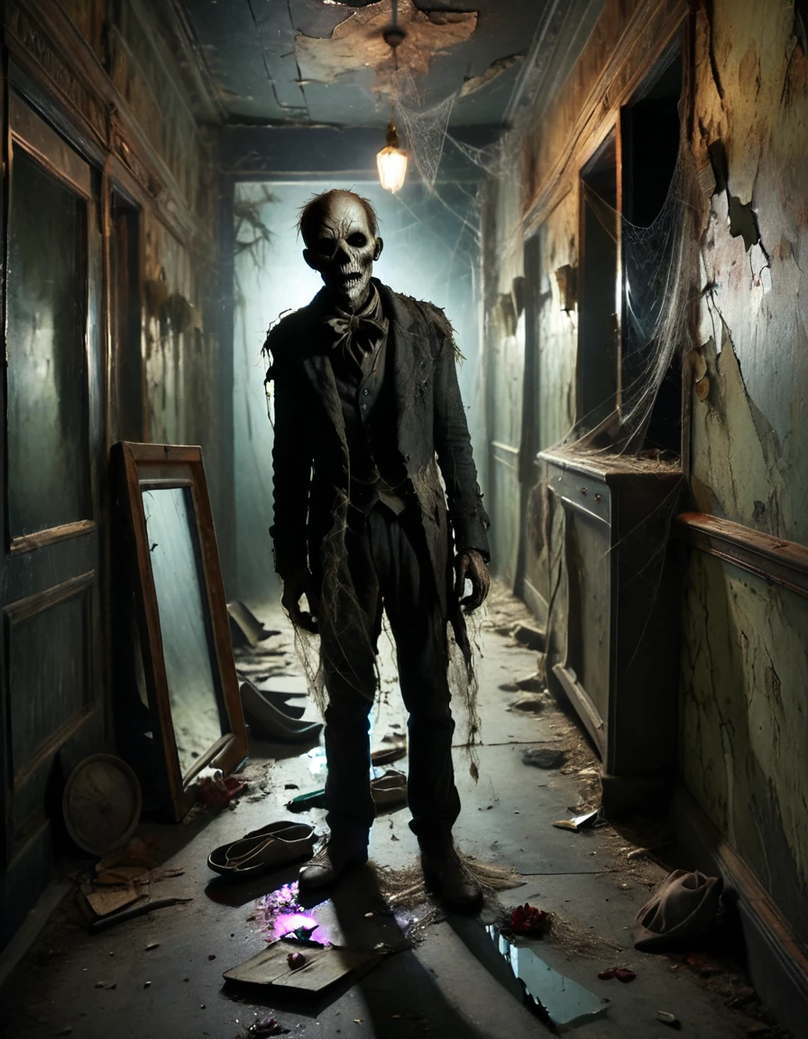 ral-hrthtr narrow backstage corridor, broken props, shattered mirrors, eerie reflections, faded wallpaper, cobweb-covered, undead figure in tattered costume, dim light, haunting atmosphere
<lora:ral-hrthtr-sdxl:1>