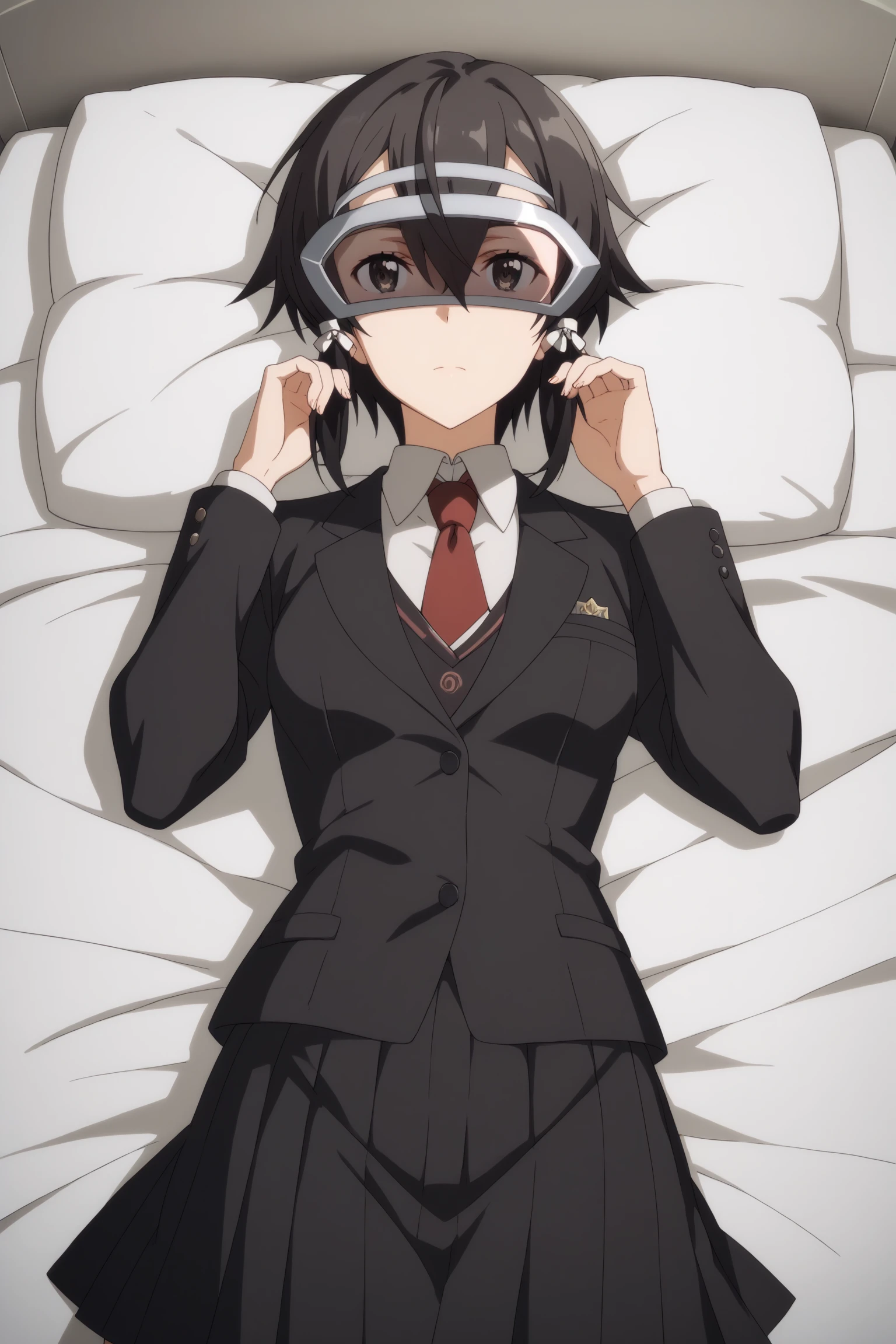 score_9, score_8_up, score_7_up, score_6_up, score_5_up, source_anime, rating_safe, medium breasts, indoors, 1girl, <lora:age_slider_v4:2>, shino asada, hair between eyes, short hair, sidelocks, black eyes, black hair, hair ribbon, blazer, black jacket, black skirt, jacket, necktie, pleated skirt, red necktie, ribbon, school uniform, skirt, tress ribbon, <lora:shino-asada-s2-ponyxl-lora-nochekaiser:0.8> (head-mounted display:1.3), <lora:AmuSphere:0.8>, lying, bed