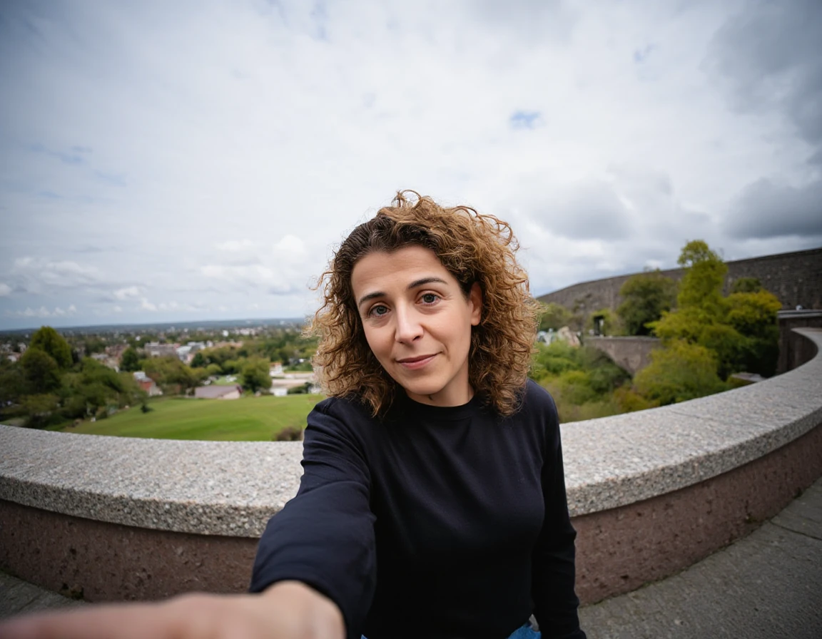 long shot scenic professional photograph of <lora:Sophie Hermans:1.8> Sophie Hermans, fisheye lens selfie, looking at viewer,, perfect viewpoint, highly detailed, wide-angle lens, hyper realistic, with dramatic sky, polarizing filter, natural lighting, vivid colors, everything in sharp focus, HDR, UHD, 64Kâââ