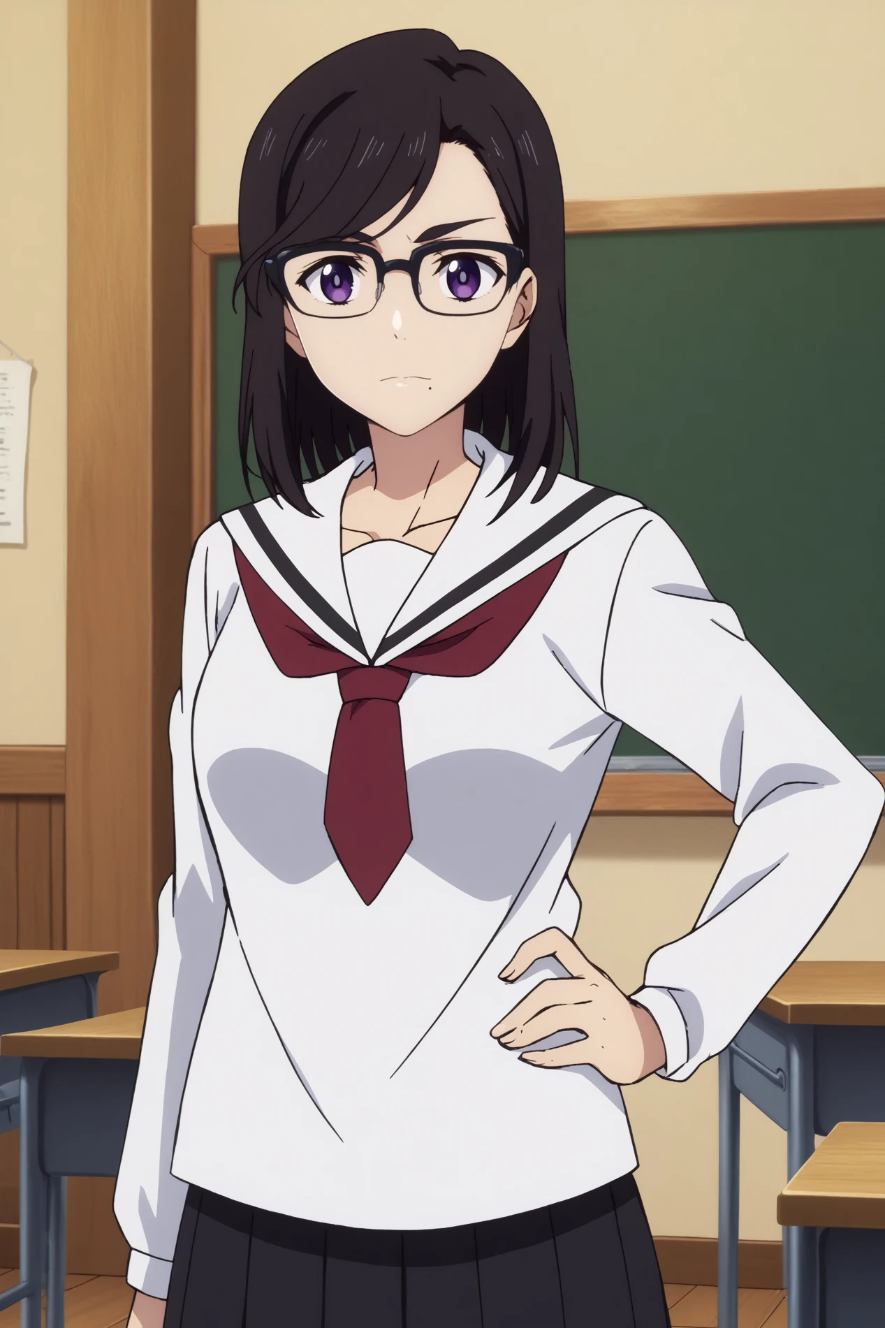  hizuru minakata,1girl,solo,glasses,breasts,serafuku,school uniform,white sailor collar, mole under mouth,long_hair, looking at viewer,black-framed eyewear,bangs,standing,hand_on_hip,light smile  BREAK indoors,classroom,    <lora:Hizuru_Minakata_-_Summer_Time_Rendering.safetensors:0.8> <lora:detailed_backgrounds_v2.safetensors:0.5>