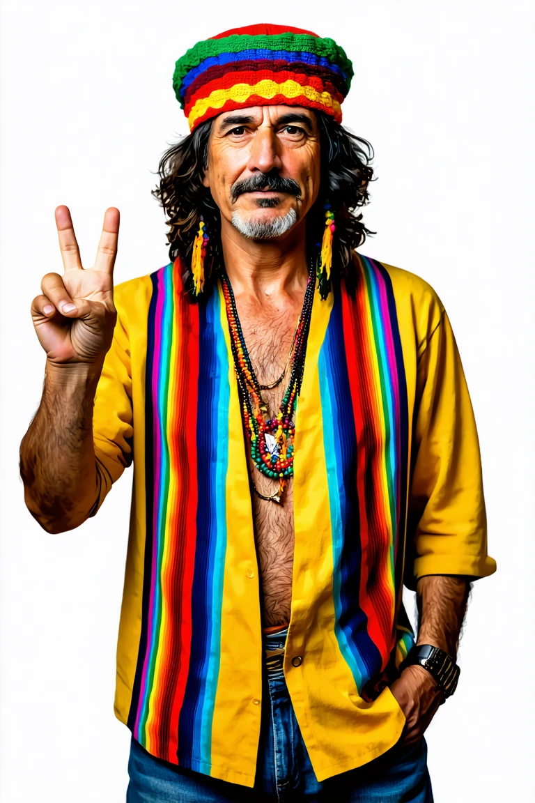 A realistic photograph of a man dressed like a hippie from the 70's giving a peace sign with his hand