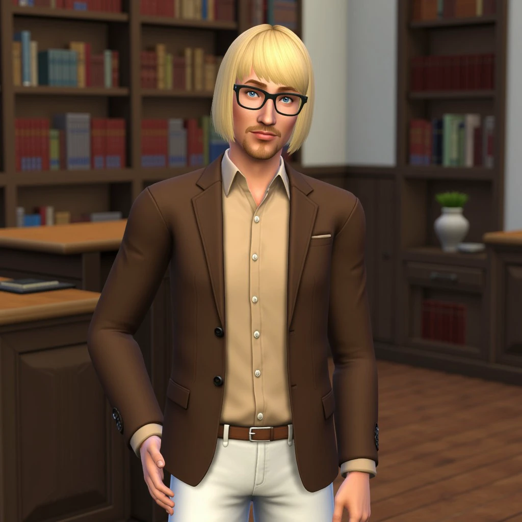 ts3style,portrait,library,looking at viewer,indoors,posing,1man, blonde hair, bob hairstyle, stubble, bang, blue eyes, brown blazer, beige shirt, white pants, glasses