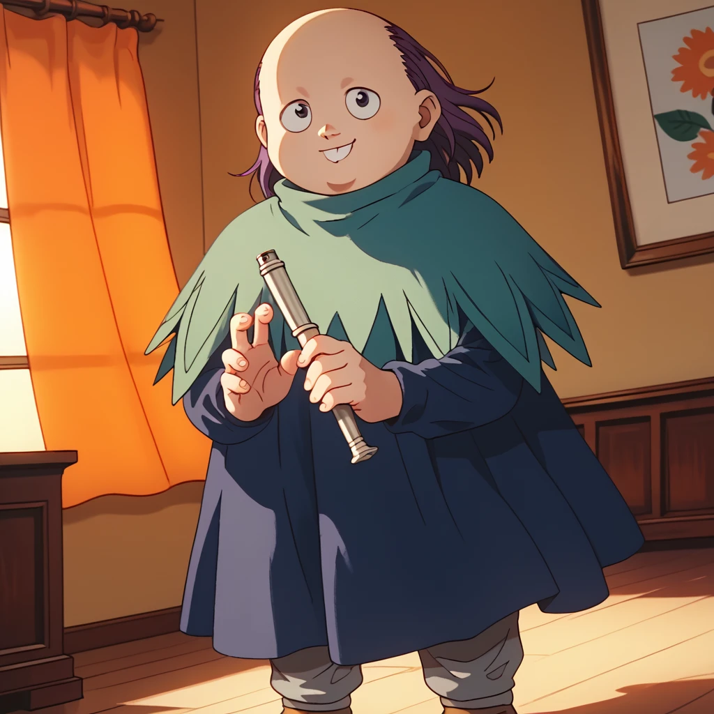 <lora:melody-000008:1> hxhsenritsu, 1girl, solo, smile, closed mouth, (gnome), indoors, green capelet, purple dress, grey pants, brown shoes, standing, purple hair, bald, plump:0.5, holding flute, dynamic pose, dutch angle, sunset, score_9, score_8_up, score_7_up, score_6_up, score_5_up, score_4_up