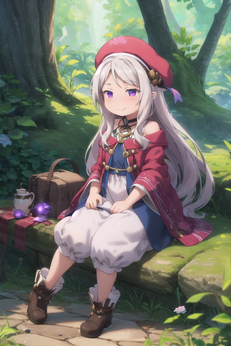 (masterpiece, best quality:1.3), mature female,  beautiful,  anime visual,  2d,  hyperdetailed, 1girl, beautiful,  long hair, bangs, purple eyes, white hair, nature, scenery, light smile, sitting, tree, house, beret,  striped, 1girl,   game character concept,  jrpg,  800mm lens,  off shoulder, cloak, half updo, sharp focus, shirt, depth of field,  volumetric lighting,  (stylish),  purple eyes,  (pinup:0.5),  multicolored theme,  forest, puffy pants, boots,  studio lighting,  <lora:hakumiko-09:0.8>