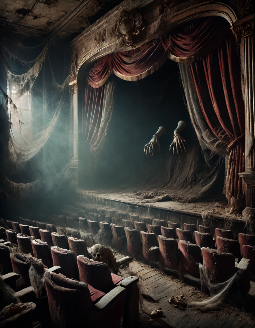 ral-hrthtr grand theater hall, rotting velvet seats, decayed stage curtains, dim lighting, ethereal fog, skeletal hands reaching from seats, ghostly figures waiting, haunted ambiance, horror theme
<lora:ral-hrthtr-sdxl:1>