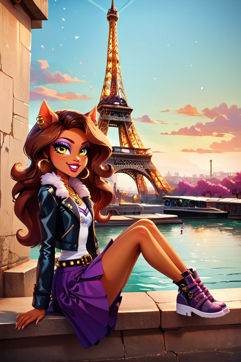 score_9, score_8_up, score_8, medium breasts, (curvy), cute, eyelashes,       BREAK, , zzClawdeen, long hair, brown hair, dark skin, animal ears, yellow eyes,  jewelry, earrings, makeup, lipstick, eyeshadow, jacket, skirt, belt, necklace, <lora:Clawdeen_MH_PDXL:0.8>,  , BREAK, zzEiffelTower in background, sitting, watercraft, boat, sitting on wall, side view, looking at viewer, smile, ,,, BREAK, blooming stars, luminescent petals, otherworldly fragrance blurry background, ,,, embedding:zPDXL, Expressiveh, ,,, <lora:EiffelTowerPDXL:1.0>, <lora:CatalystStylePDXL:0.6>, <lora:SDXLFaeTastic2400:0.5>, <lora:Expressive_H-000001:0.4>,