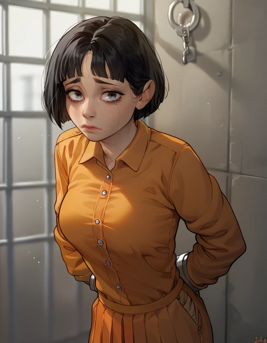 1girl, solo, looking at viewer, sad, exhausted, (pleading eyes:1.4),
black hair, short hair, indoors, prison booking, blurred background, prison jumpsuit
BREAK
score_9, score_8_up, score_7_up, score_6_up, score_5_up, score_4_up, source_cartoon,
<lora:incase_v14:0.8>
<lora:pleading_pony_v1:1.0>