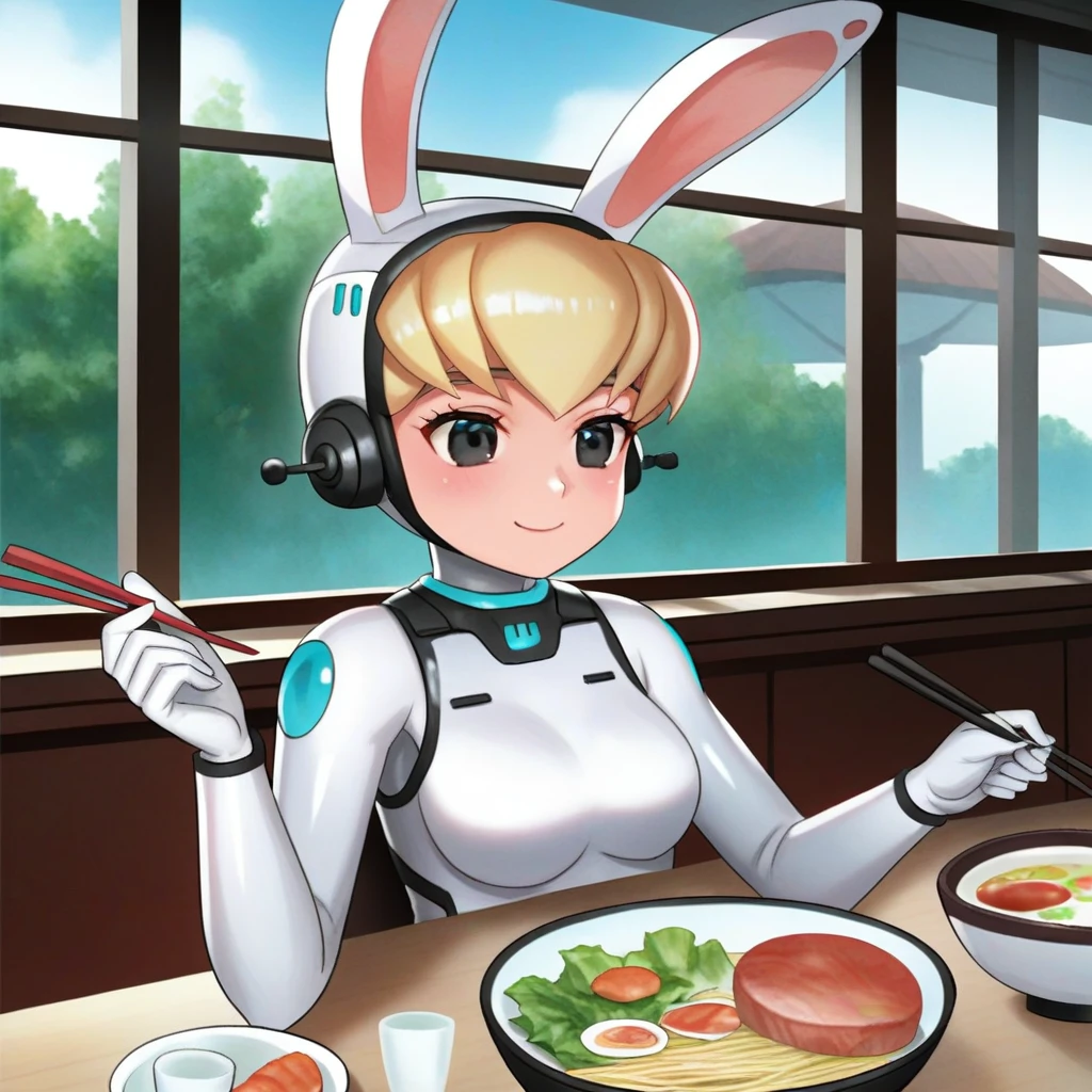 score_9, 2d, anime, luxury spa, (digital artwork), high quality, beautiful, detailed, cafe, day, ((solo)), buffy-sugo, (white body), robot, robot joints, white helmet, short hair, blonde hair, black eyes, rabbit ears, (cyan glowing elements:1.2), sitting, ramen bowl, holding chopsticks, eating ramen