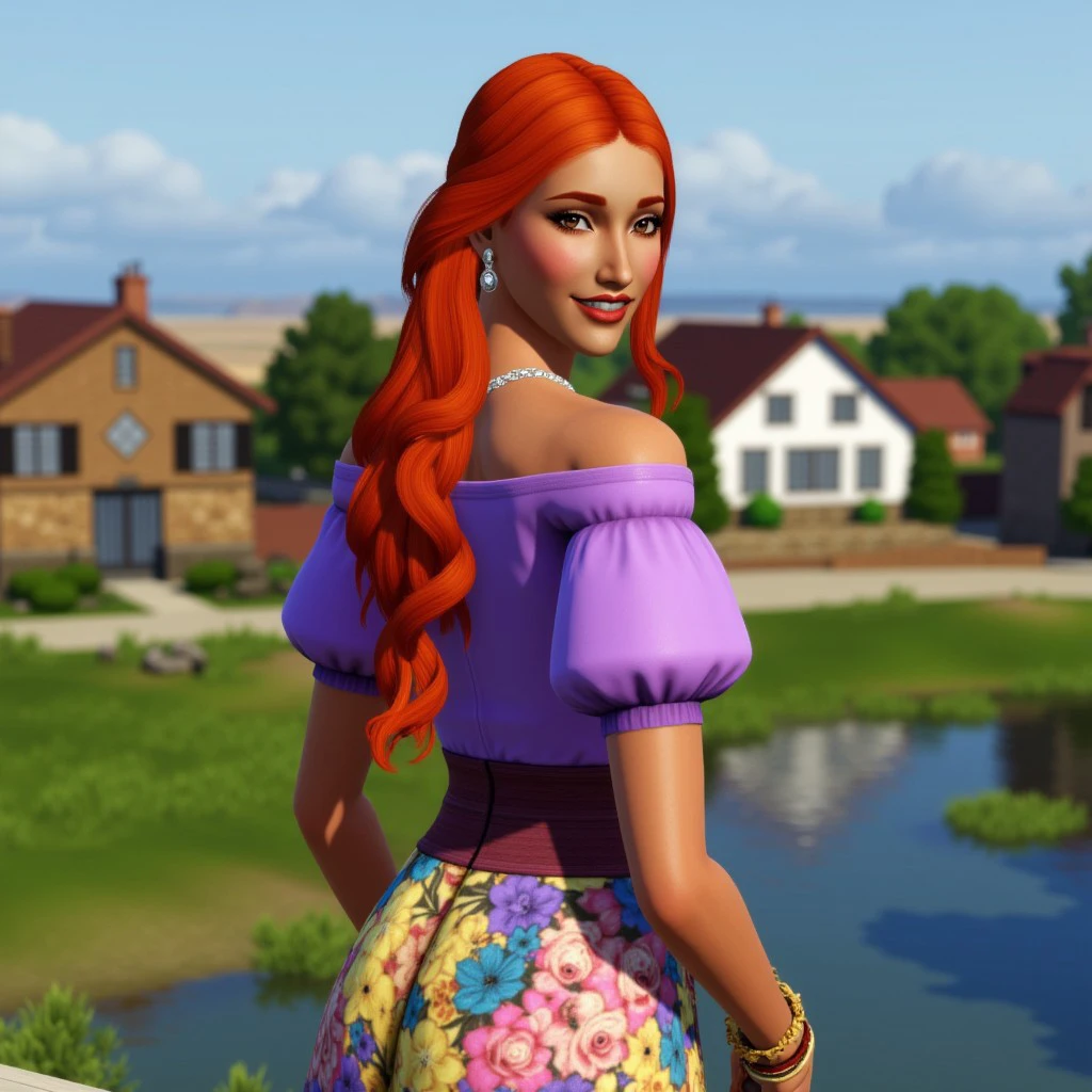 ts3style,portrait, outdoors, village, house, river, posing,looking at viewer,looking back,Neon colors,1woman, tanned skin, long hair, red hair, brown eyes, purple shirt, short puffy sleeves, bare shoulders, makeup, long skirt, multicolored clothes, jewelry, necklace, earrings,smile