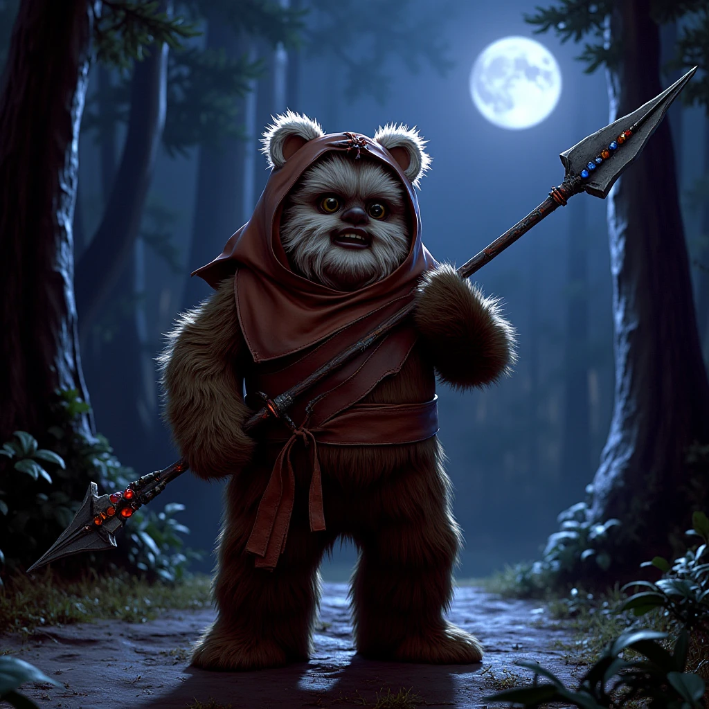 photo realistic image of a crafty Ewok wearing a leather tunic weilding a gem studded spear. It is night and moonlight shines down on him. He is in a forest on the moon named Endor, between the forest trees in the background you see a planet in the night sky. NOT ANIMATED