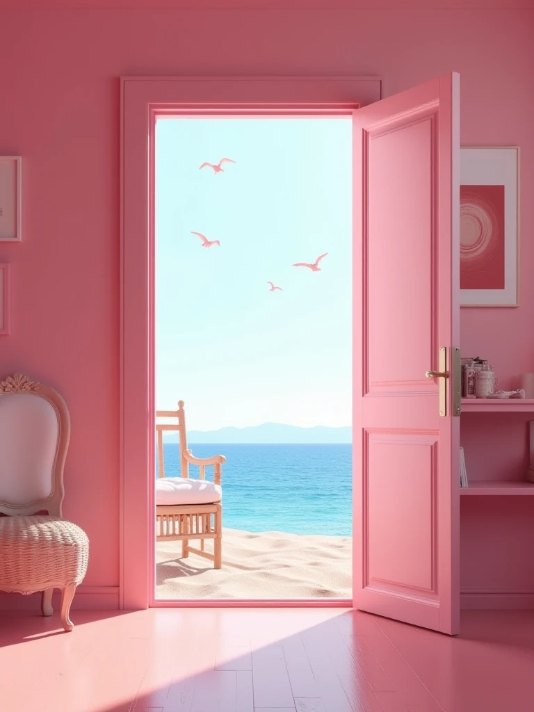 a door in pink cute girl living room,leading to ocean and birds,