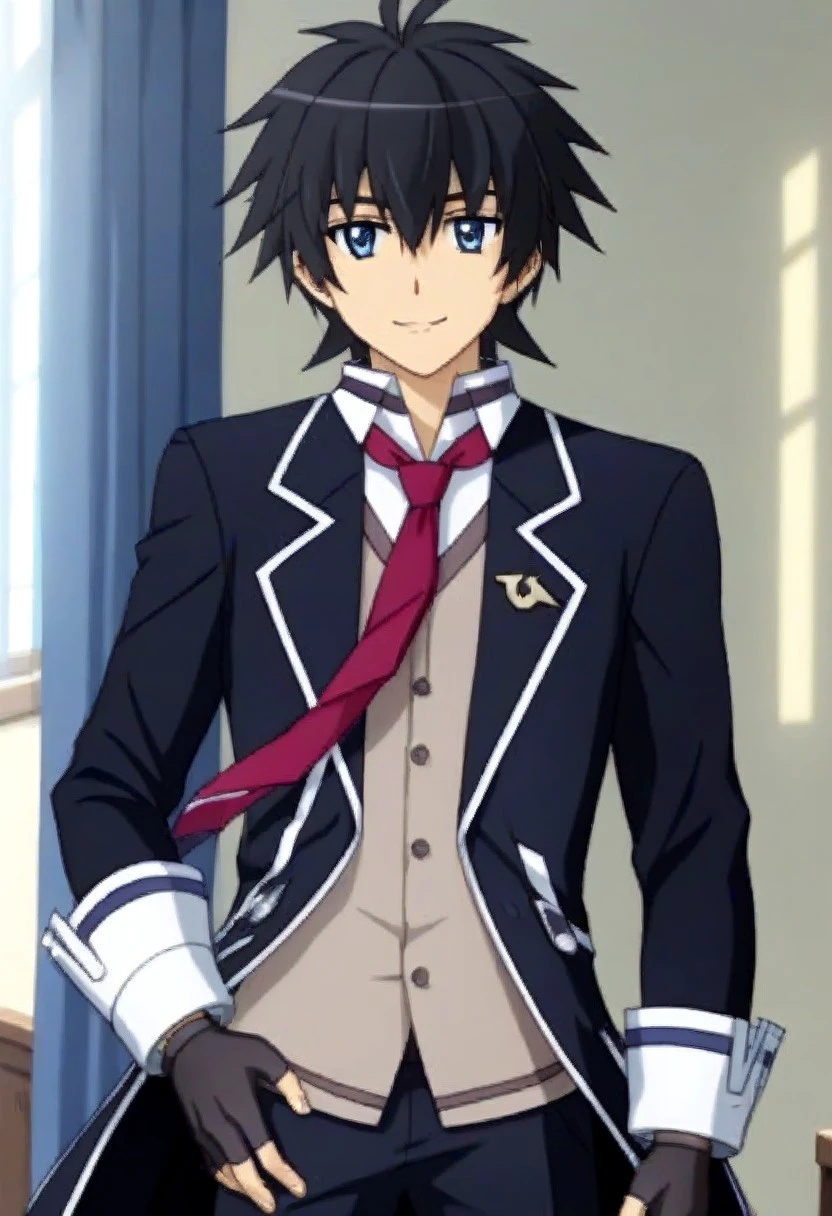 ((masterpiece)), ((best quality)), ((ultra-detailed)), ((absurdres)), score_9_up, score_8_up, score_7_up,
HD, top quality, best quality, amazing quality, High-quality illustrations, anime screencap, source_anime, best aesthetic, perfect proportions, perfect eyes, 1boy, 1male, solo boy, solo male, male focus, solo male focus, Anime, boy, male anime character, anime boy, handsome, sexy, cute, charming, ((tall, tall body, tall height)), ((lean body, slim body)), ((looking at front, looking at viewer)), ((front shot, front view, view from front)), Kanata Age, black hair, blue eyes, long black blazer coat, red necktie, fingerless glove, black pants, updn, easynegative, neghands, Expressiveh, ((cowboy shot, head to hips shot)), ((small smile)), ((school academy background, school campus))