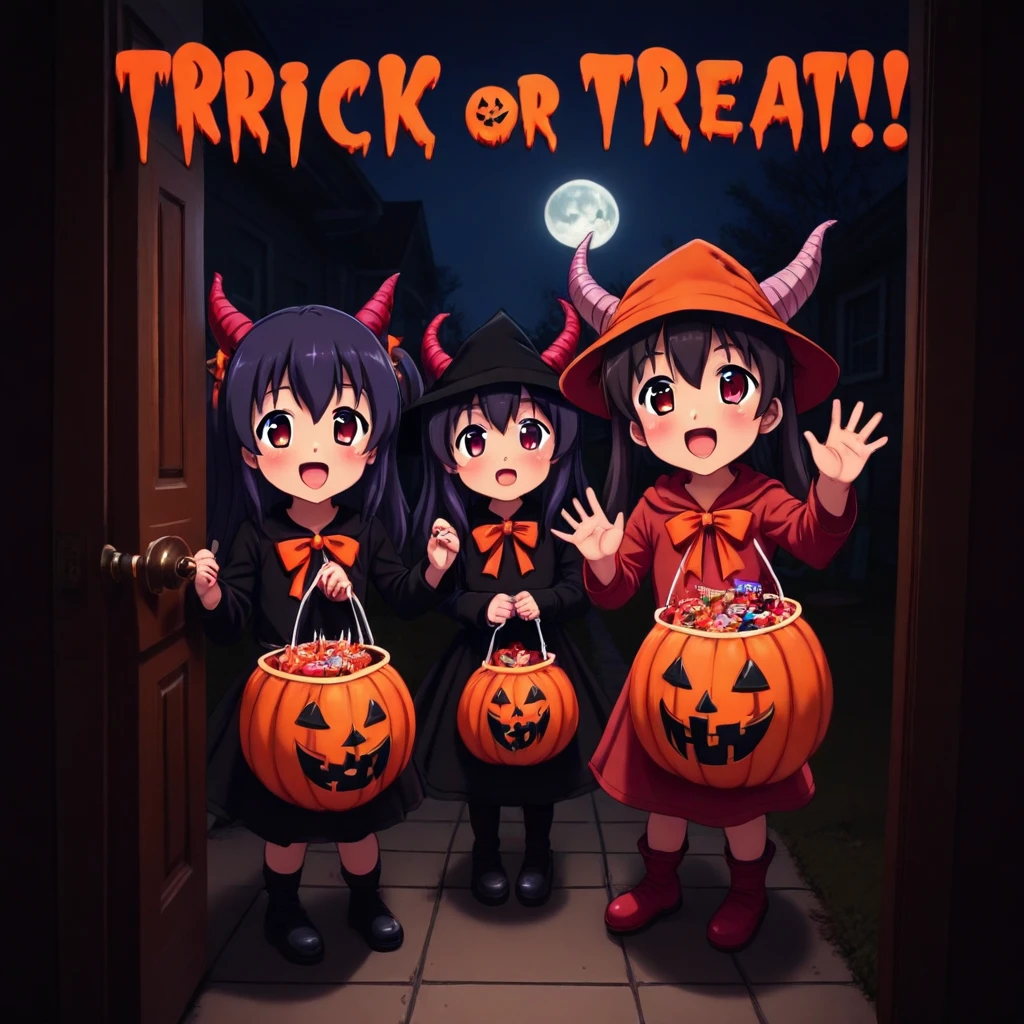 trick or treat, handing out candy, doorway, cute, anime