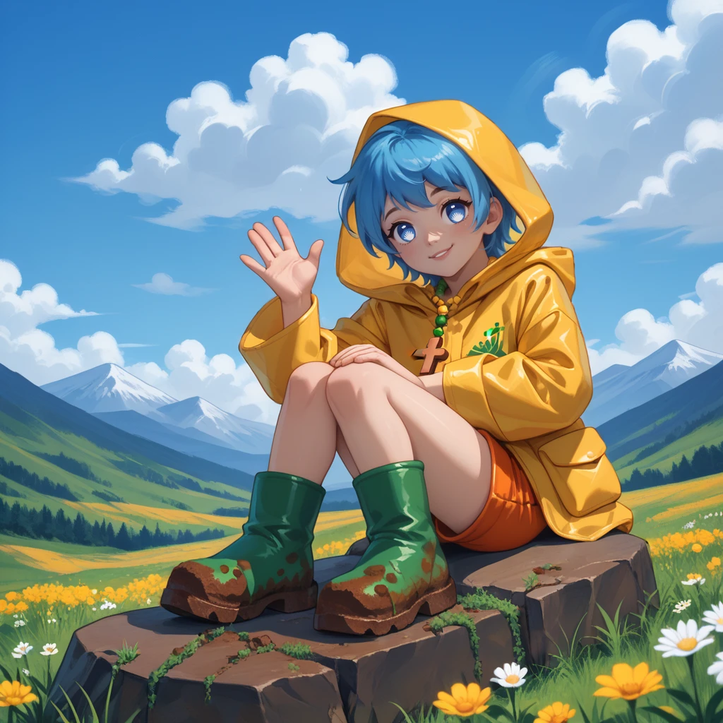 score_9,score_8_up,score_7_up,
luca-light,aqua hair,short hair,blue eyes,symbol-shaped pupils,rosary,yellow raincoat,hood up,green logo,pocket,orange shorts,green rubber boots,mud on boots,
sitting on rock,arm support,rainbow,looking at viewer,smile,kicking,cloudy sky, hand up, waving hand,
hill,grass,flower,mountainous horizon,sunbeam,<lora:Luca:1>,