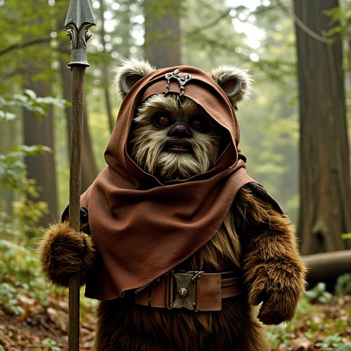 a majestic Ewok warrior with a standard leather hood and a spear standing in the forest.