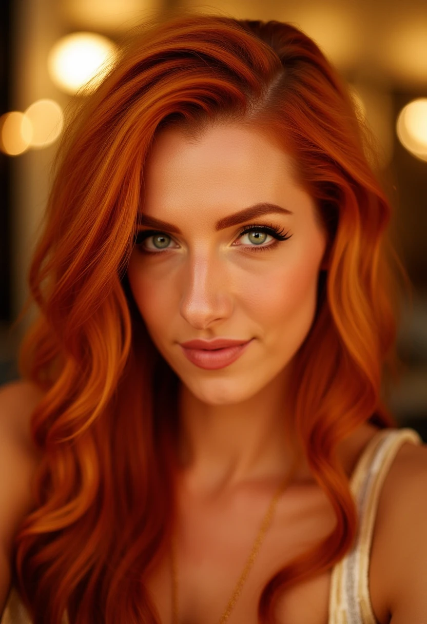 This is a high-resolution, photograph featuring a woman with long, wavy, vibrant red hair. She has a fair complexion and striking, blue eyes with a subtle, natural makeup look. Her hair is styled in loose, voluminous waves, cascading down her shoulders and framing her face. She gazes directly at the camera with a serene, almost ethereal expression.

The background is blurred, with a bokeh effect that creates a warm, ambient glow with a mix of golden and orange hues, adding a sense of depth and mystery. The light in the photograph appears to be a warm, golden hue, possibly from a nearby source, casting gentle shadows and highlights on her face and hair, enhancing their texture and movement.

The woman is dressed in a light-colored, possibly metallic, top, which is barely visible due to the focus on her face and hair. The overall style of the photograph is contemporary and artistic, emphasizing the beauty and texture of her hair and skin while the bokeh effect in the background adds a dreamy, romantic atmosphere. The image exudes a sense of elegance and timeless beauty. 