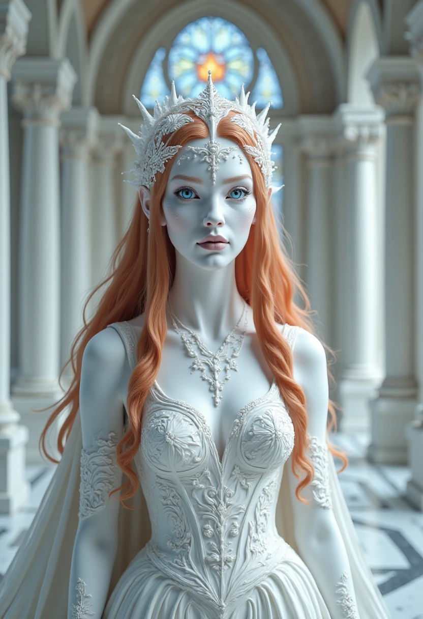 alabaster, A regal woman with alabaster skin and long, flowing red hair, wearing a delicate silver tiara, standing in a grand marble hall. The light filtering through the stained-glass windows casts soft hues on her porcelain skin. The scene has an elegant, timeless feel, like a classical portrait painting found in European royal galleries.