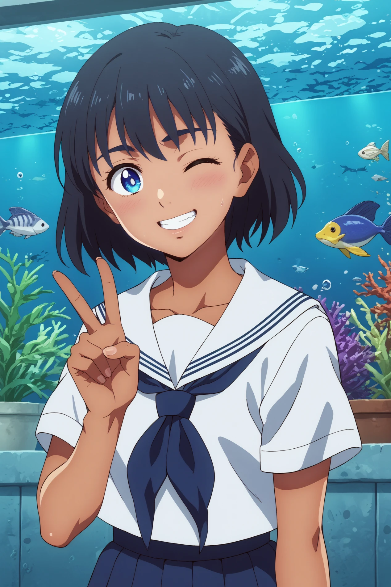 mio kofune,1girl,solo,short hair,school uniform,shirt,serafuku,dark skin,dark-skinned female,white shirt,closed mouth,skirt,white sailor collar,standing,,smile,upper body,looking at viewers,peace sign,wink,upper_teeth  BREAK ruanyi1155,aquarium,indoors,underwater    <lora:Mio_Kofune_-_Summer_Time_Rendering.safetensors:0.8> <lora:detailed_backgrounds_v2.safetensors:0.5> <lora:1155 aquarium_v1_pony.safetensors:1>