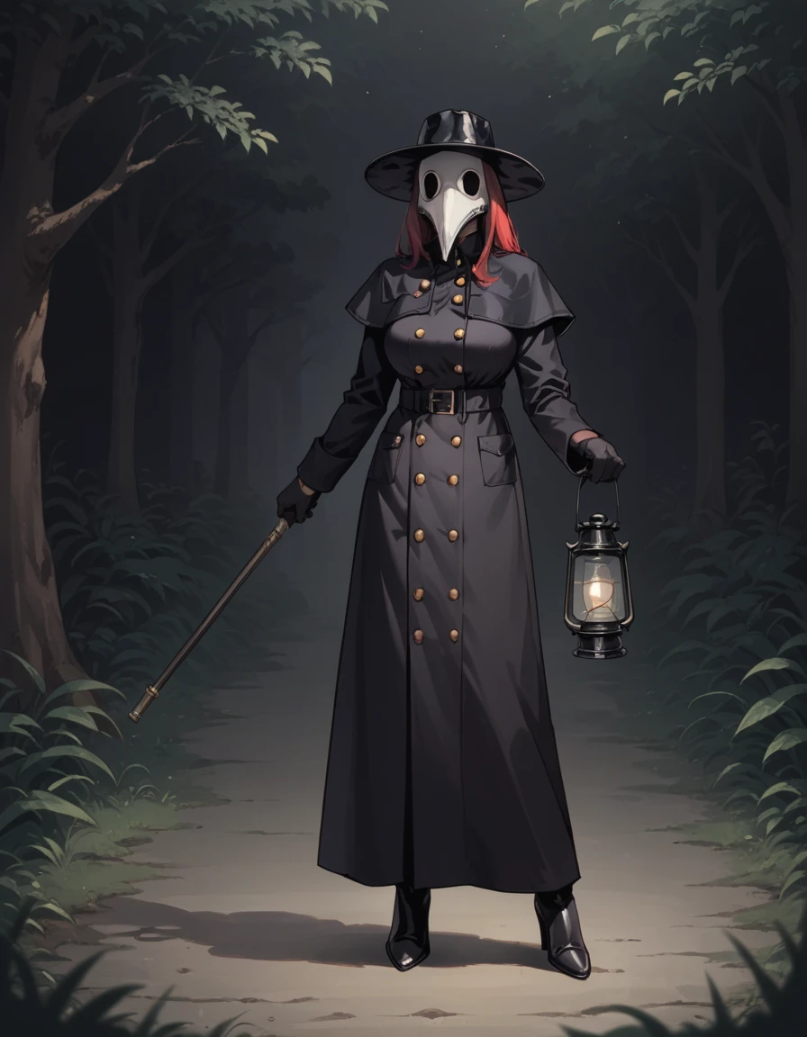 score_9, score_8_up, score_7_up, score_6_up, score_5_up, score_4_up, 1girl, solo, long red hair, large breasts, hud_plagu3_doc, long sleeves, double-breasted, black coat, buttons, black gloves, lantern, black capelet, facing viewer, holding lantern, cane, mask, hat, plague doctor, high heels, boots <lora:hud_plagu3_doc_XLP:0.8> , night