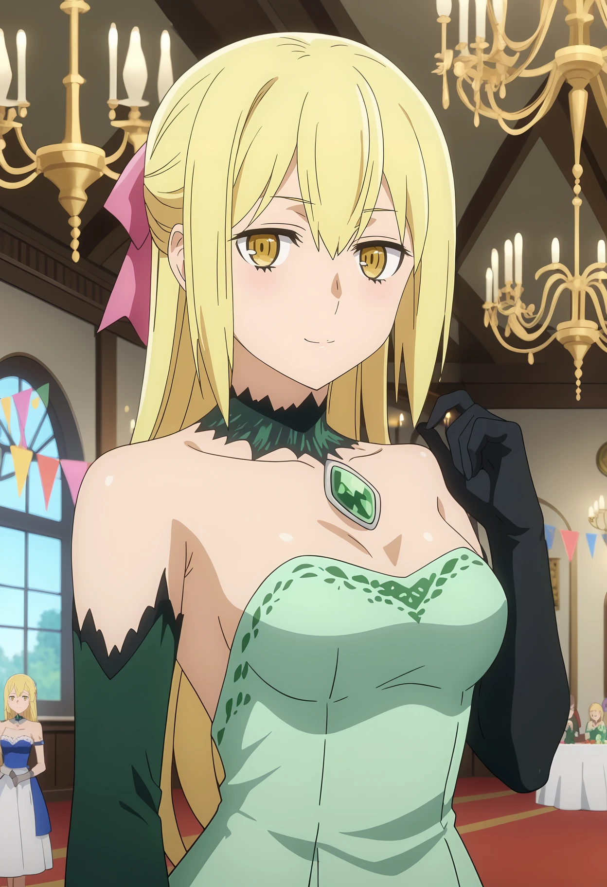 score_7_up, anime screencap,
<lora:DanMachi_AizWallensteinXL:0.9>,
1girl, solo, closed mouth, light smile,
long hair, blonde hair, hair between eyes, yellow eyes,
AisDress, hair ribbon, pink ribbon, detached collar, strapless dress, green dress, green gem, elbow gloves, black gloves,
standing, looking at viewer,
indoors, party, chandelier, medieval