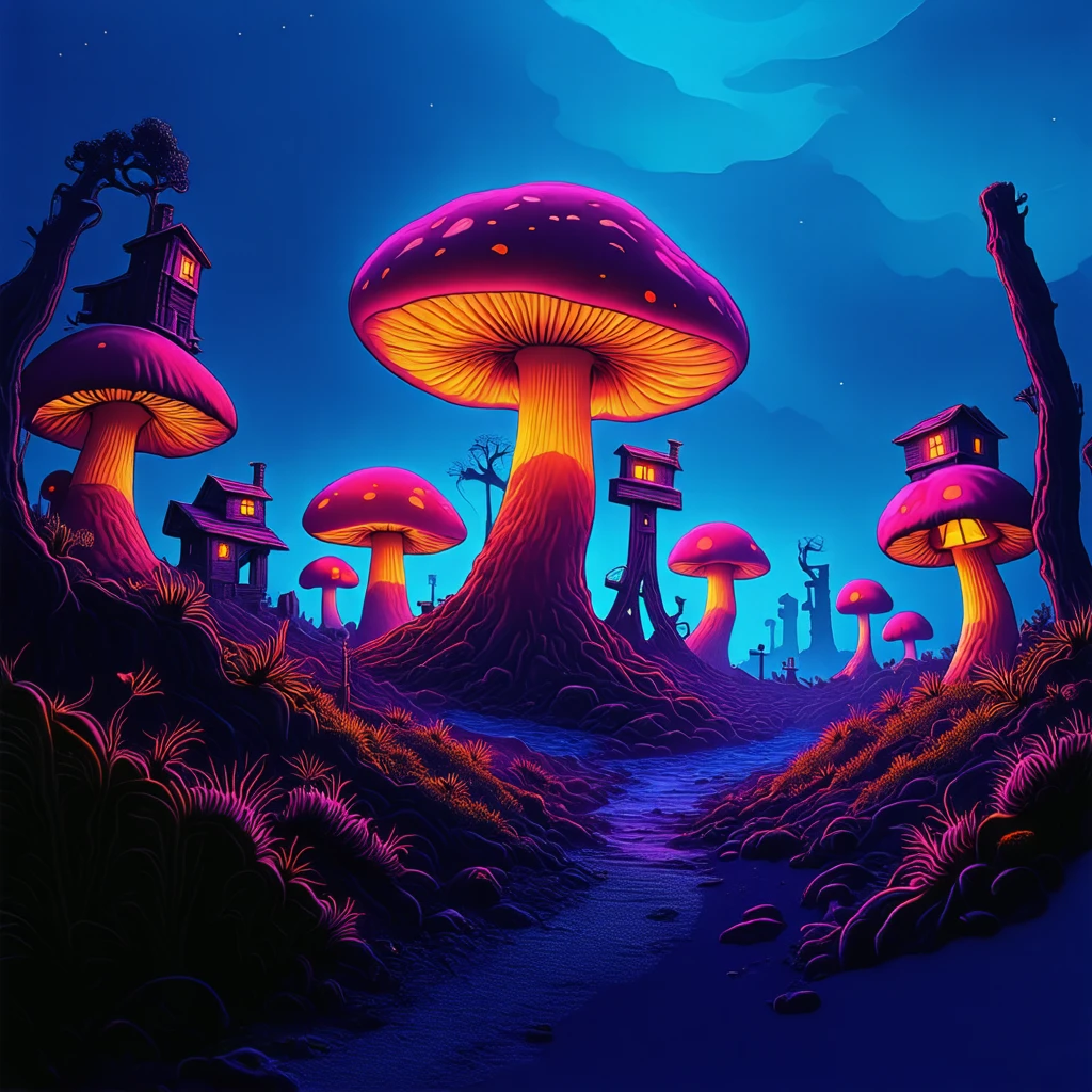 synthwave illustration, The main subject of the image is a fantastical landscape dominated by oversized mushrooms with human-like houses and structures perched atop them. The scene occurs at night, as indicated by the illuminated windows in the buildings. There are no visible vehicles; instead, the focus remains on the otherworldly architecture nestled amidst vibrant fungi under an intense glow.