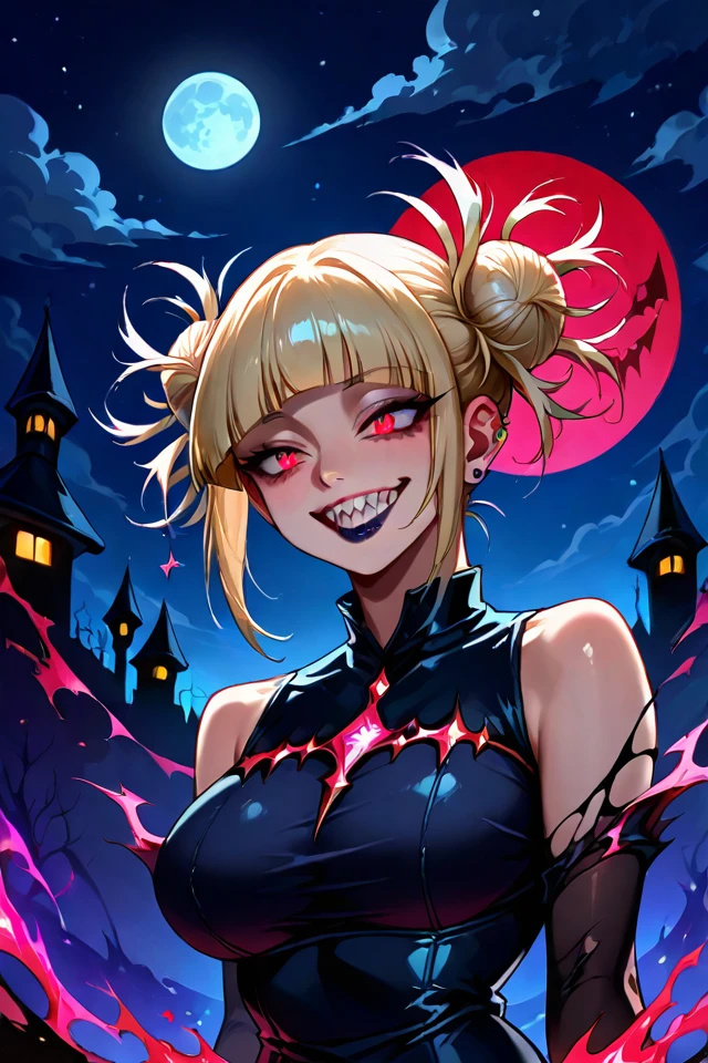 score_9, score_8_up, score_7_up, (1girl), solo, source_anime, big breasts, himiko toga, blunt bangs, double bun, <lora:Himiko Toga ApexThunder Ai PonyXL-10:0.7>, outdoors, goth fashion, (sharp teeth), aesthetic, goth girl, (looking at you), short hair, red eyes, glowing crystals, outdoors, grin, big eyes, dutch angle, (big lips:0.3), (close up), portrait, spikes, shiny skin, dark lipstick, round breasts, multicolored hair, two-tone hair, piercing, ear piercing, perfect face, perfect eyes, perfect body, slit pupils, open mouth, Expressiveh, sexy dress, tilting head, cute, (upper body),fluffy, curvy, glowing red eyes, taloned feet, dark background, low light, very dark, night, night background, bedroom background, scary ambience, background, psychedelic background, black very torn tunic, very dark theme, very low light, very dark shadows, no light, realistic, dark theme, low light, (32k), night, darkness, no light, dark sky, (huge moon), full moon, pumpkin, Halloween theme, bloom, moonlight, stars, dark blue theme, Halloween, Dreamwave, Minimalist, Escape, Navy, Radiance, Retro, Capture, toga himiko walking away, best quality, masterpiece ultra high res, ultra realistic, Nostalgia, 8k, HDR, <lora:halloween:1>