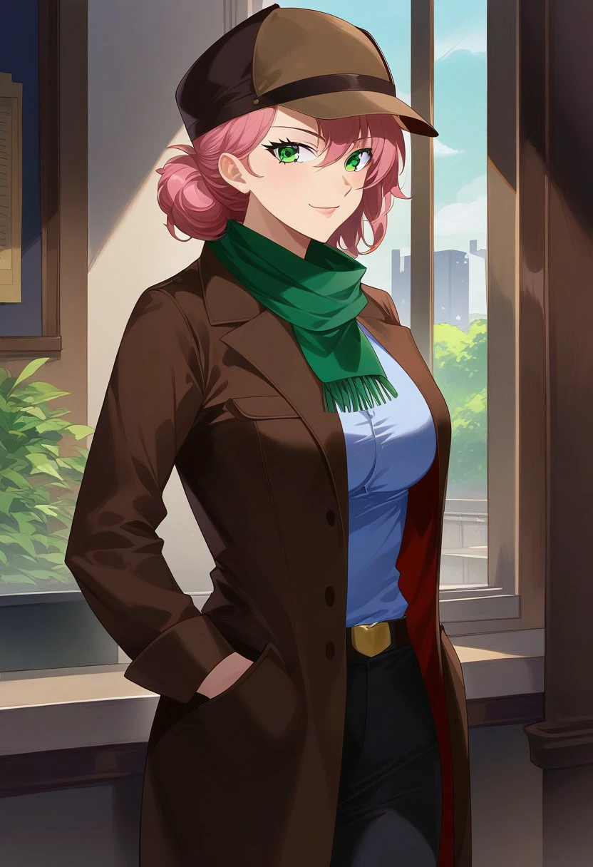 Masterpiece, High quality, anime, solo, 1girl, Oc, adult, tall, Detective woman, Short pink hair, Green eyes, Long Brown detective coat, brown Detective deerstalker hat, green scarf, black pants, serious face expression, soft smile, front, standing, leaning on building window, Office background, hands in pocket.