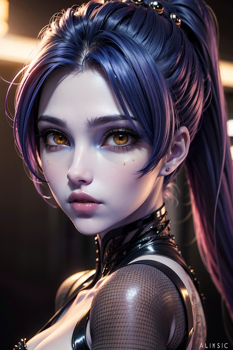 A stunning and intricate full color Ultra-HD portrait, young girl, long purple hair with ponytail, yellow eyes, perfectly detailed face, wearing a black dress, epic character composition, alessio albi, nina masic, sharp focus, natural lighting. . , subsurface dispersion, f2, 35mm,