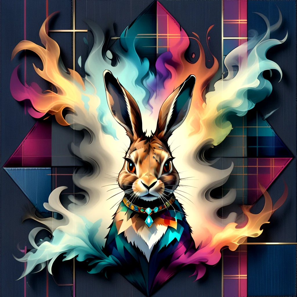 abstract animal print, hare, smoke effects, charcoal, denim, minimalism style, Diffuse Lighting, jewel tones, plaid pattern, pixelated effect, bevel accents, woven, flat texture, opaque finish  <lora:artfully_4QUADKAOS:0.8>