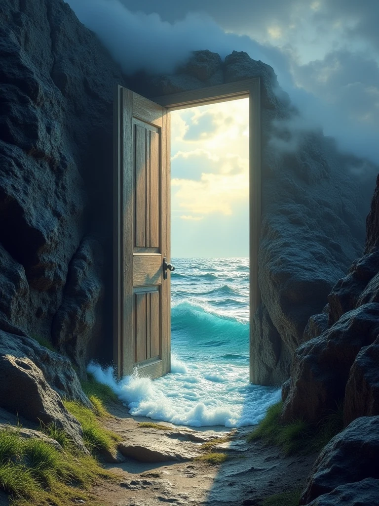 a door in mountain,leading to choppy ocean,sunlight,clouds,