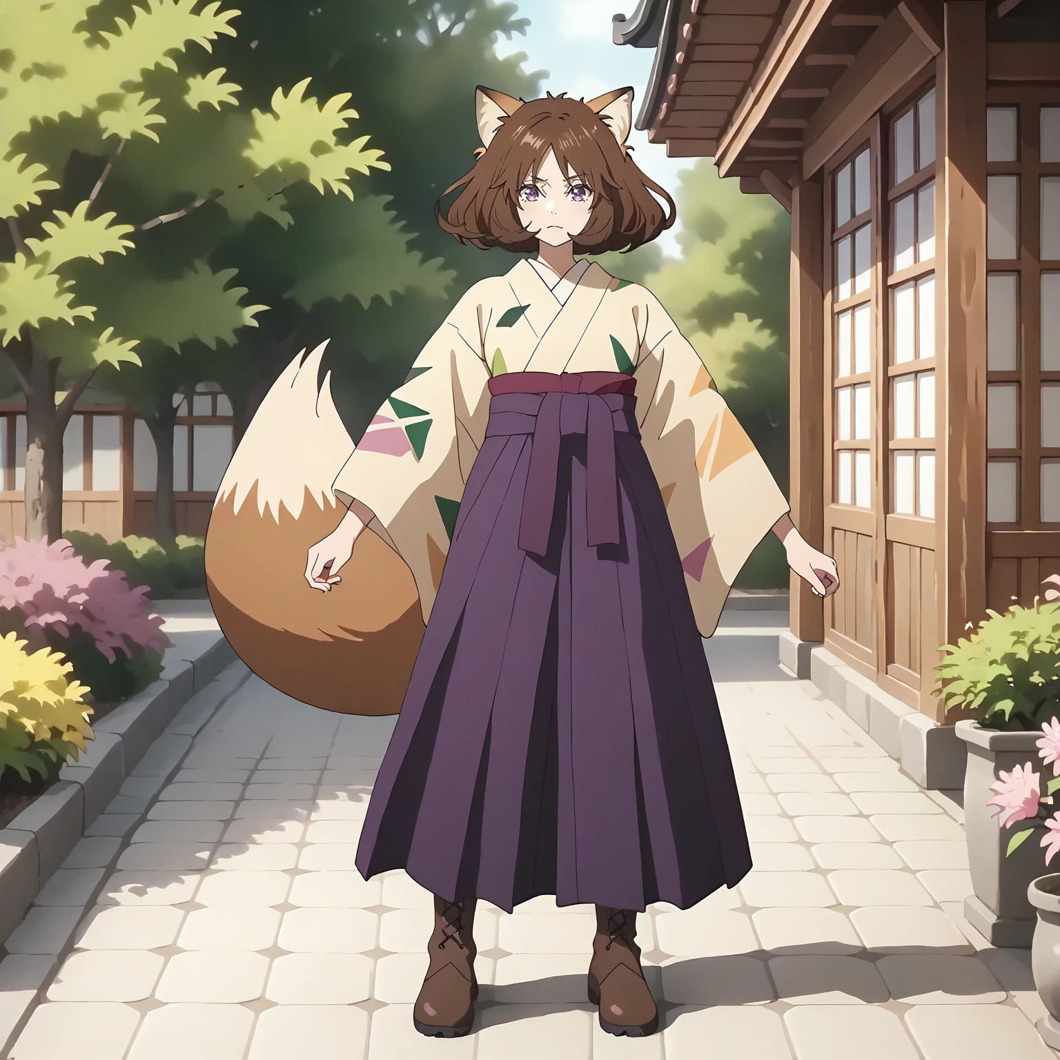 <lora:DG_Dongitsune2XLpony001>,
outdoors,
solo,
Dongitsune2,1girl,brown hair,medium hair,fox_ears,purple eyes,
japanese clothes,
purple hakama,
fox tail,
lace-up boots,