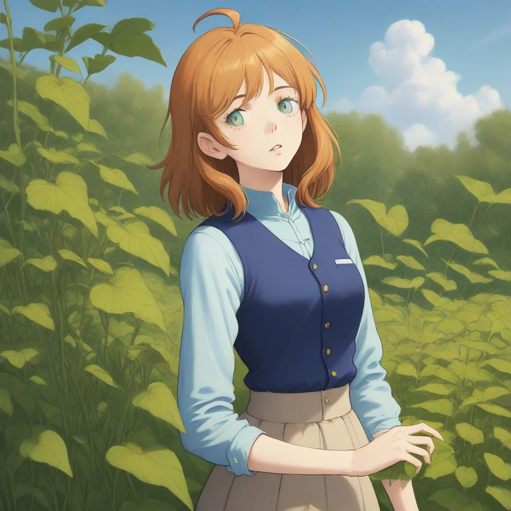 leaf, blue shirt, sky, shirt, skirt, parted lips, medium hair, ahoge, vest