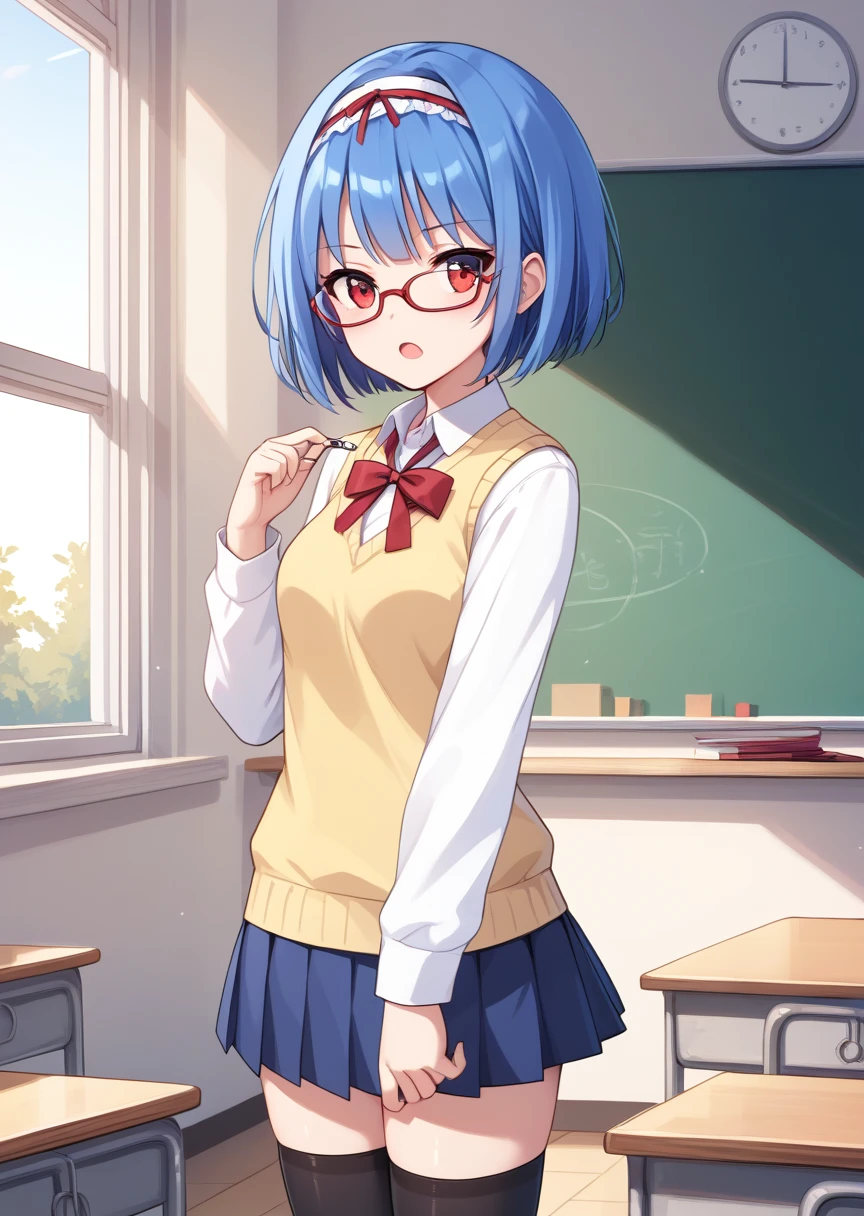 score_9, score_8_up, score_7_up, score_6_up, score_5_up, BREAK
s4ra, human, female, 1girl, solo, short hair, open mouth, red eyes, blue hair, hairband, glasses, , classroom, school uniform, sweater vest, long sleeves, black thighhighs, standing, upper body