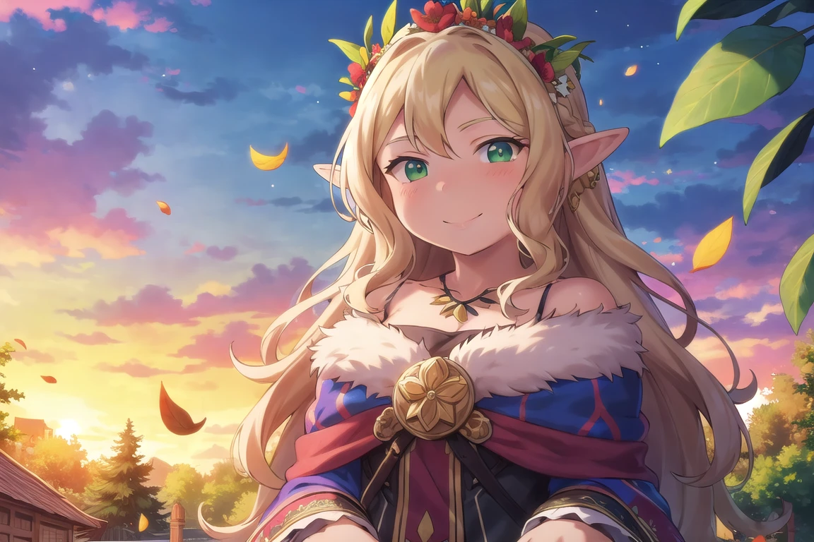 (masterpiece, best quality:1.3), beautiful,  anime visual,  2d,  hyperdetailed, 1girl, beautiful,  long hair, bangs, blonde hair, nature, scenery, light smile, sitting, sunset, sky,  floral print, floral crown, flower, (bloom, shiny), flower girl, looking at viewer, smile, laughing, floating hair, falling leaves, fantasy, elf, wavy hair, green eyes, 1girl,   game character concept,  jrpg,  800mm lens,  off shoulder, cloak, half updo, sharp focus, dress, depth of field,  volumetric lighting,  (stylish),  purple eyes,  (pinup:0.5),  multicolored theme,  forest, upper body, portrait,  volumetric lighting,  <lora:hakumiko-09:0.8>, (extremely detailed background:1.4)