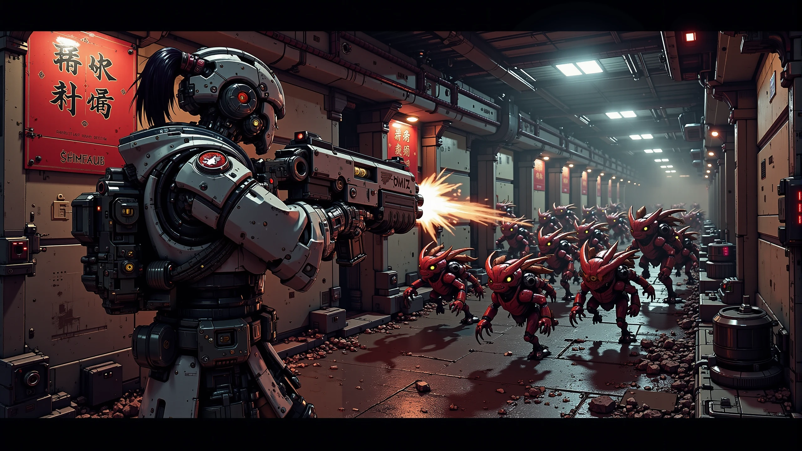 a woman wearing a futuristic kimono is shooting  a mad-gdwn-bltr gun at a mad-swrm swarm of insect monsters running towards her in a (dark:1.3) sewer tunnel, dynamic fighting stance, (dim red lighting:1.3), gun blast and explosions as the bullets hit the monster <lora:Bolter_Godwyn_FLUX:0.8>  <lora:ck-nc-pastel-cyberpunk:1.2> <lora:swarm-flux:0.5>