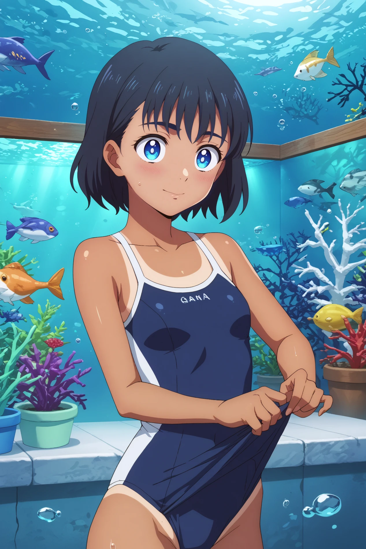  mio kofune,1girl,solo,short hair,dark skin,dark-skinned female,closed mouth,one-piece_swimsuit,swimsuit,standing,smile,upper body,looking at viewers,presenting tanlines,tanlines, tan,clothes pull, bare shoulders, pulled by self, swimsuit pull,cowboy shot  BREAK ruanyi1155,aquarium,indoors,underwater    <lora:Mio_Kofune_-_Summer_Time_Rendering.safetensors:0.8> <lora:detailed_backgrounds_v2.safetensors:0.5> <lora:1155 aquarium_v1_pony.safetensors:1>