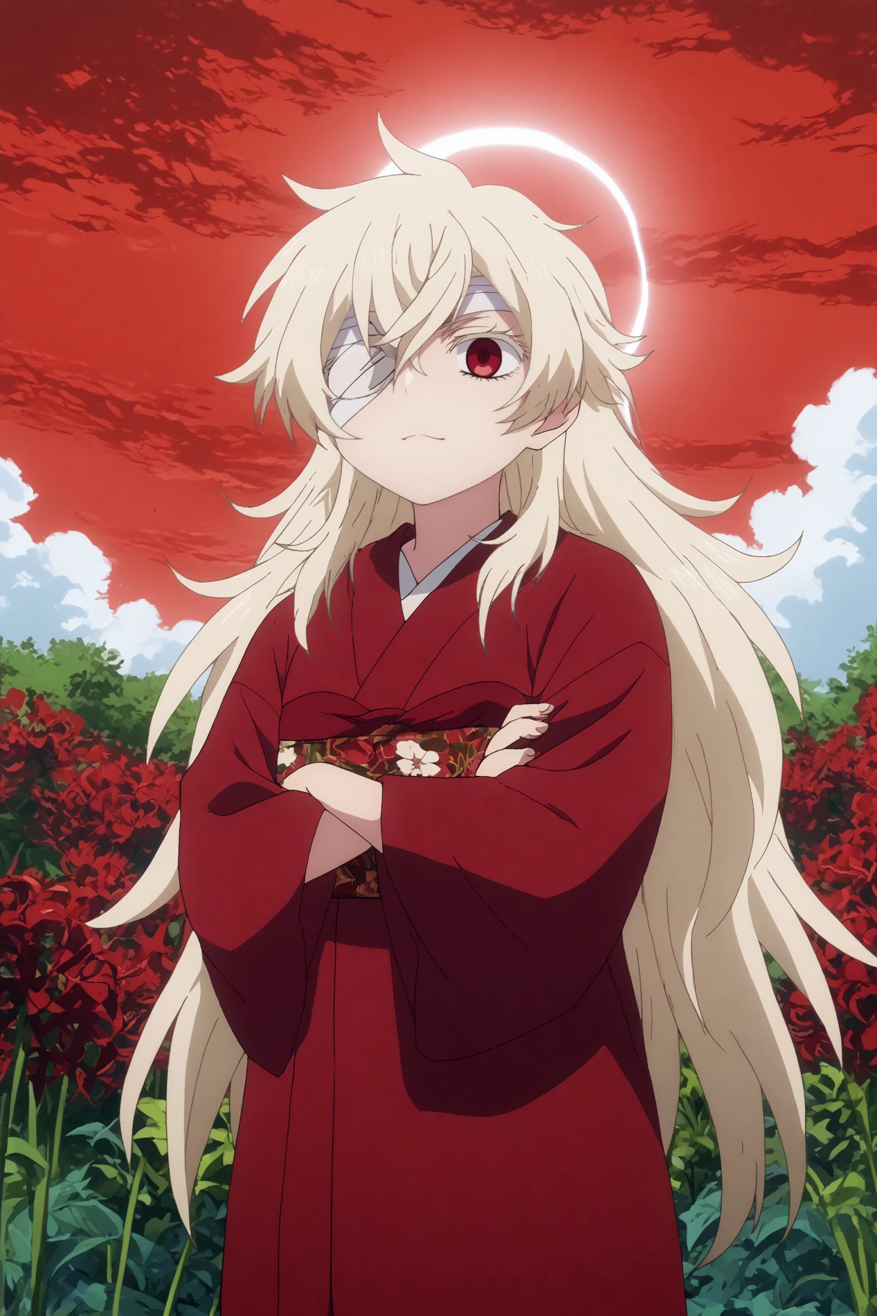  haine,1girl,solo,japanese clothes,kimono,sash,long hair,very long hair,looking at viewer,hair between eyes,red kimono,emotionless,bandages,eyepatch,crossed arms  BREAK outdoors,red sky,crescent_moon,spider lily flower field, red flower wreath    <lora:Haine_-_Summer_Time_Rendering.safetensors:0.8> <lora:detailed_backgrounds_v2.safetensors:0.5> <lora:Spiderlily.safetensors:0.8>