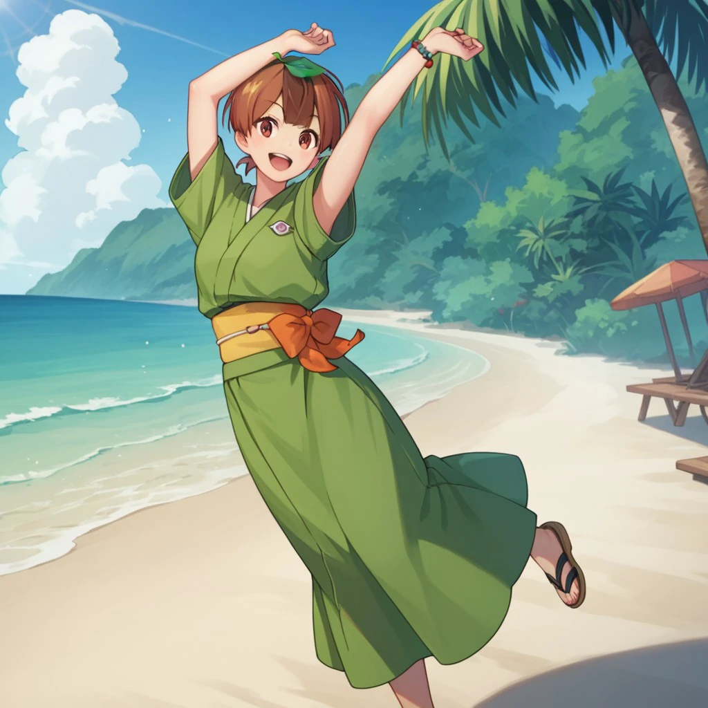 score_9, score_8_up, score_7_up, score_6_up, score_5_up, score_4_up, source_anime ,mamedatan, human, female, brown hair, brown eyes, leaf on head, green kimono, dancing, on a beach, <lora:22dad5bf-46de-4cf4-9044-4800f87d16c9:0.7>