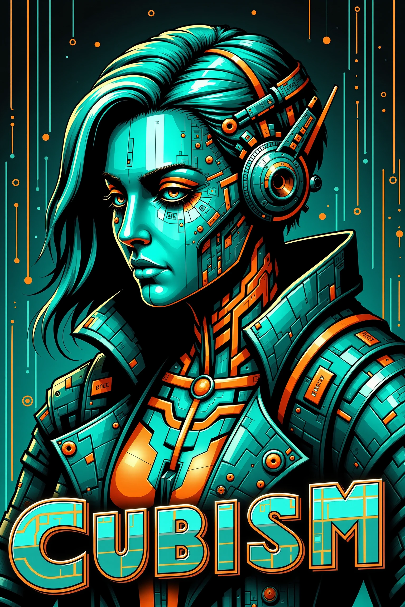 (text banner in the bottom reading "CUBISM" blocky font:1.4) mad-cbpk-cubism, woman, cyberpunk, teal background, orange outlines, <lora:neon-cyberpunk-cubism-flux-000009:1.0>