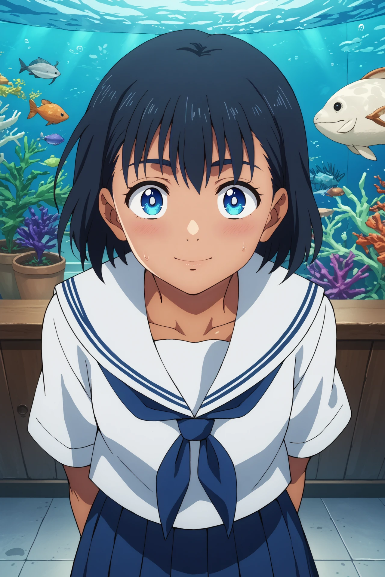 mio kofune,1girl,solo,short hair,school uniform,shirt,serafuku,dark skin,dark-skinned female,white shirt,closed mouth,skirt,white sailor collar,standing,hands behind the back,smile,upper body,looking at viewers,leaning forward

BREAK
ruanyi1155,aquarium,indoors,underwater



<lora:Mio_Kofune_-_Summer_Time_Rendering.safetensors:0.8>
<lora:detailed_backgrounds_v2.safetensors:0.5>
<lora:1155 aquarium_v1_pony.safetensors:1>