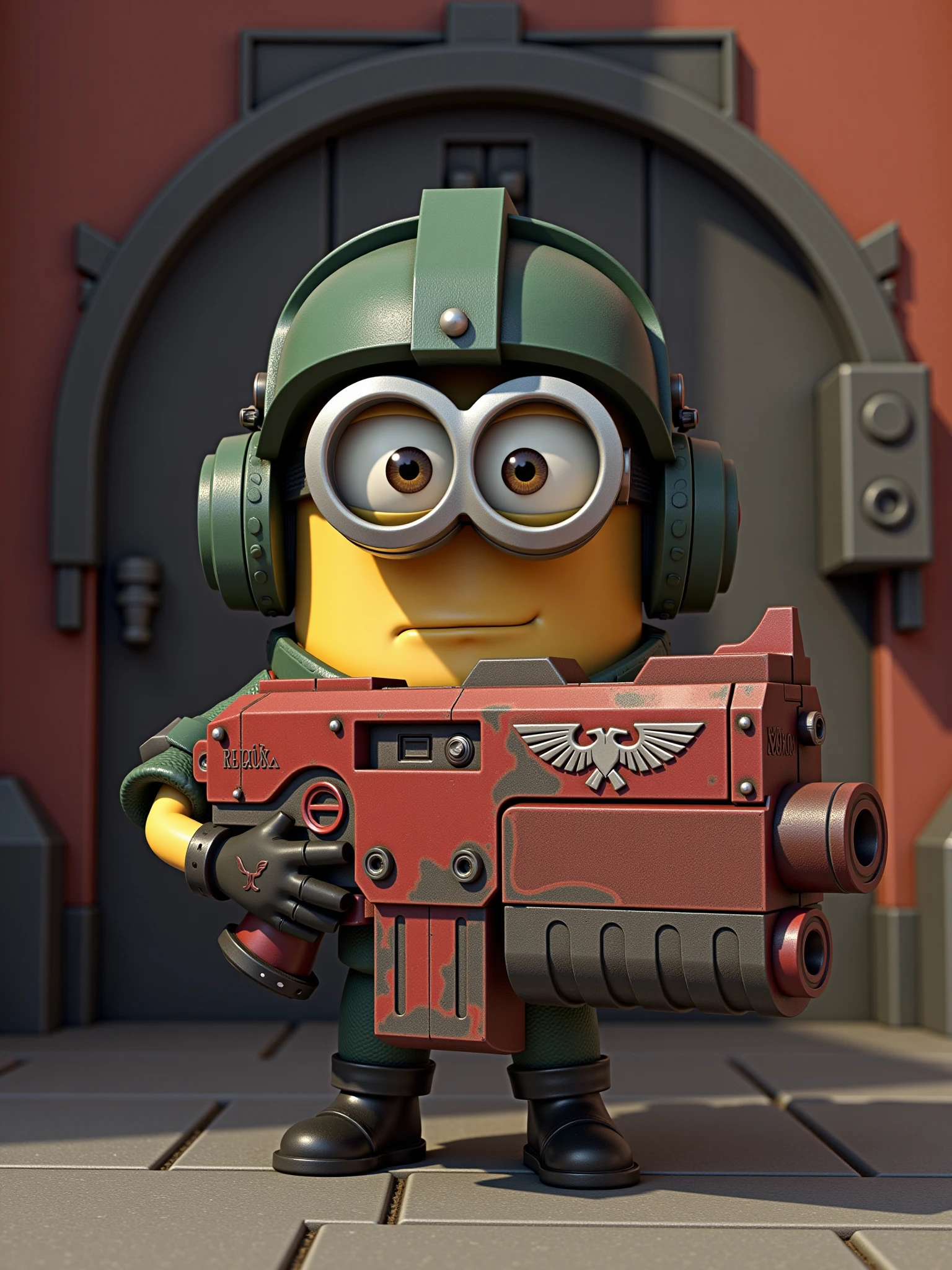 a minion is holding an mad-gdwn-bltr gun as he stands in front of a futuristic bunker door  and is wearing green combat uniform an helmet,  the gun is painted in worn and rusty red with metallic and white details, pixarstyle <lora:Bolter_Godwyn_FLUX:1> mad-gdwn-bltr